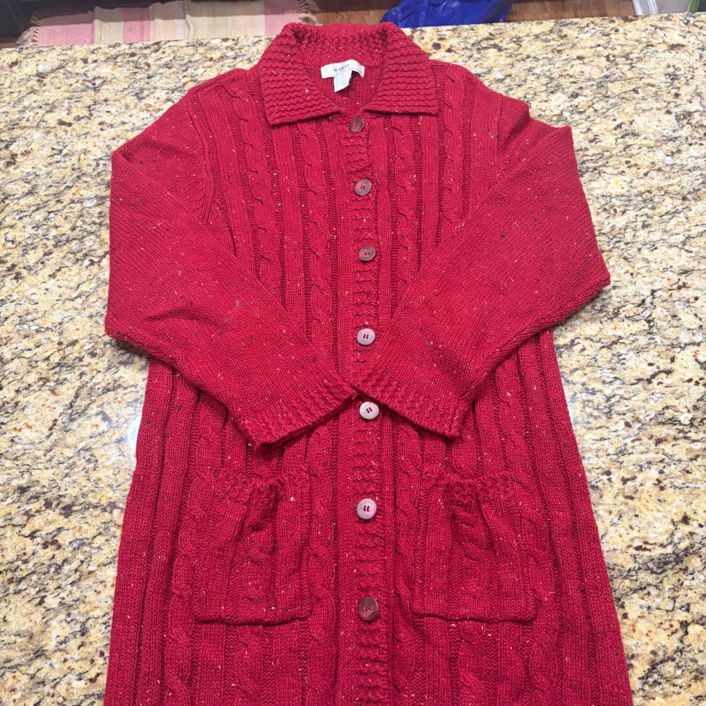 Kikit Maurice Sasson Red Cable Knit Longline Cardigan Sweater Wool Blend XL